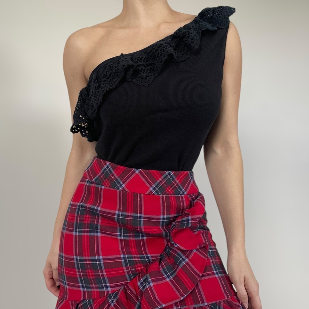 Express One Shoulder Boho Knit Dark Navy Blouse with Crochet Lace Details - Med